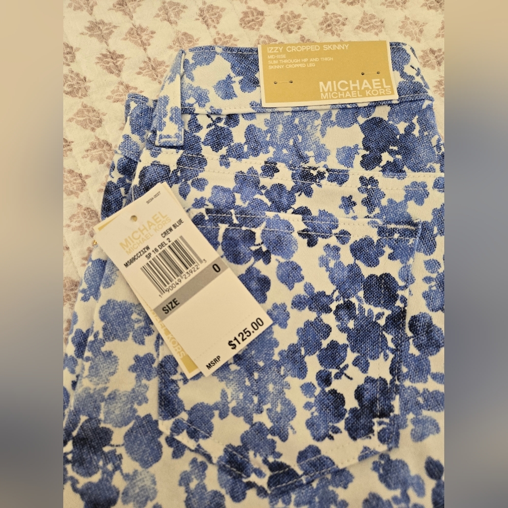 NWT MICHAEL Michael Kors Izzy Cropped Skinny Blue Floral Skinny Pants - size 0